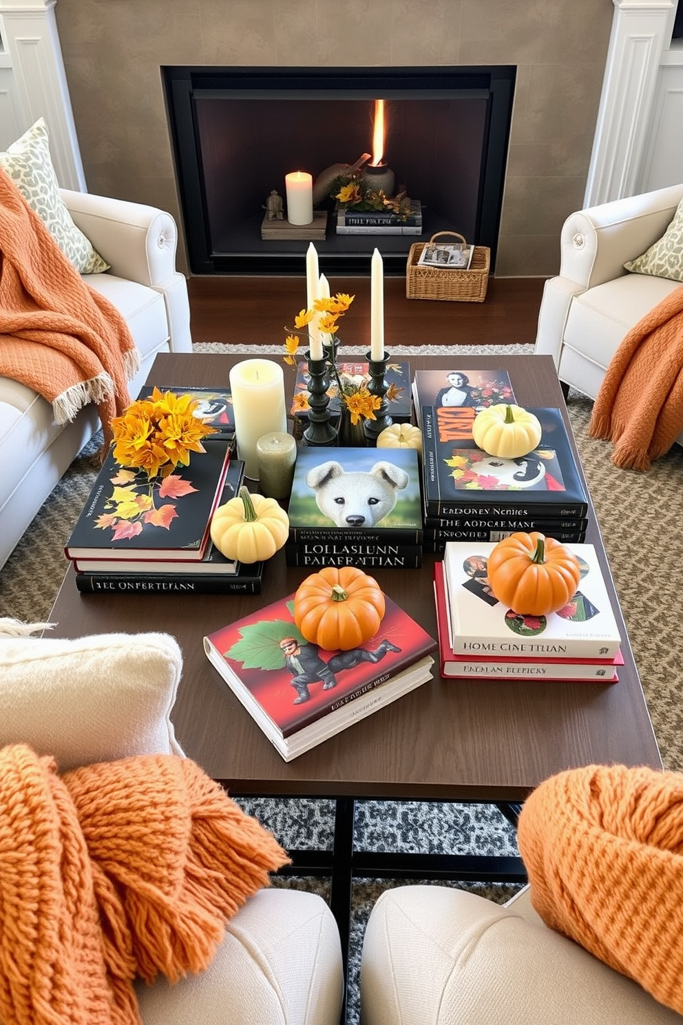 Seasonal books are artfully arranged on a stylish coffee table, showcasing vibrant autumn colors and cozy themes. The table is surrounded by plush seating, with warm throw blankets draped over the arms, creating an inviting atmosphere. Decorative pumpkins and candles are tastefully placed among the books, enhancing the seasonal charm. The room features soft lighting that highlights the rich textures of the furnishings, making it the perfect fall retreat.