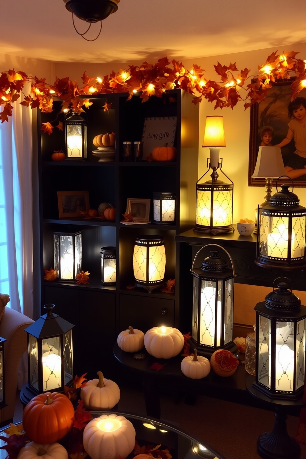 A cozy apartment setting adorned with decorative lanterns that cast a warm glow throughout the space. The lanterns are placed on shelves and tables, surrounded by autumn-themed decor such as pumpkins and colorful leaves.