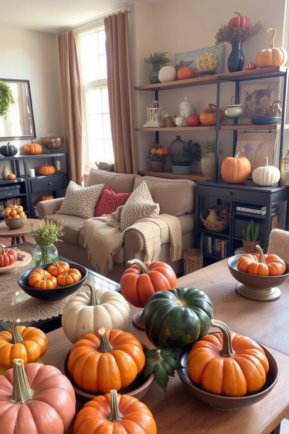 Colorful gourds are artfully arranged throughout the apartment, adding a seasonal touch to the decor. They are displayed on shelves, tabletops, and in decorative bowls, creating a warm and inviting atmosphere. The living room features a cozy seating area with plush cushions and a soft throw blanket, complemented by the vibrant hues of the gourds. Natural light streams in through the windows, enhancing the rich colors of fall and creating a cheerful ambiance.