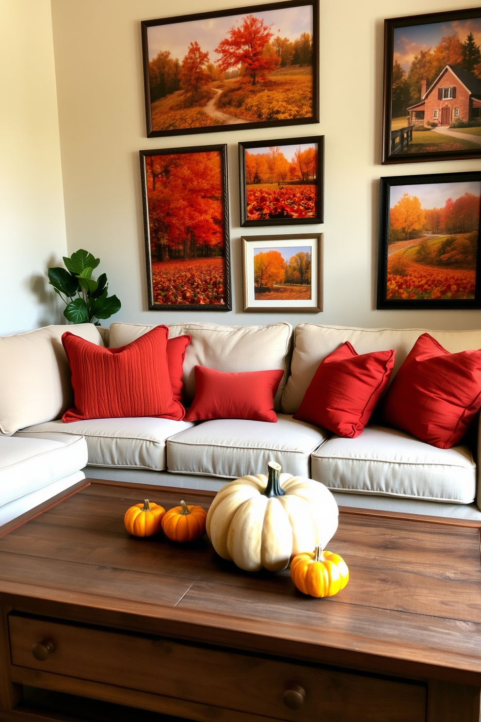 A cozy living room adorned with framed photos of vibrant fall landscapes. The warm hues of orange, red, and yellow create a welcoming atmosphere that complements the soft beige sofa and rustic wooden coffee table. Decorative throw pillows in autumn colors add a touch of seasonal charm. A few small pumpkins are scattered on the table, enhancing the fall-themed decor while inviting a sense of warmth and comfort.