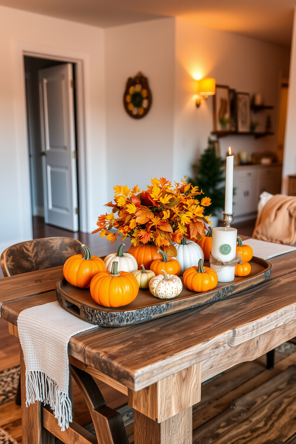 Mini pumpkins are artfully arranged on a rustic wooden table, creating a warm and inviting atmosphere. Soft, ambient lighting enhances the rich autumn colors, while a cozy throw drapes over a nearby chair. The table is adorned with seasonal decorations, including small gourds and candles in various heights. A centerpiece of vibrant fall foliage adds a touch of nature, complementing the overall decor of the apartment.