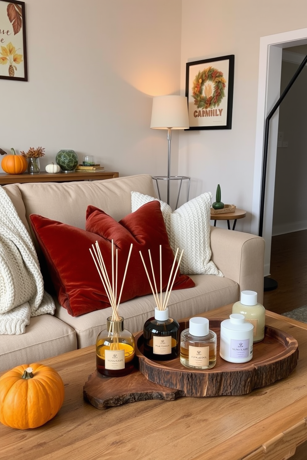 A cozy living room adorned with seasonal fragrance diffusers that emit warm and inviting scents. Plush throw pillows in rich autumn colors are arranged on a soft beige sofa, complemented by a knitted blanket draped over the armrest. A rustic wooden coffee table holds a collection of beautifully designed diffusers, each filled with seasonal fragrances like pumpkin spice and cinnamon. Soft, ambient lighting from a nearby floor lamp creates a warm atmosphere, enhancing the fall decor throughout the apartment.