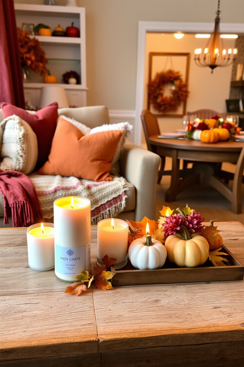 A cozy living room adorned with autumn scented candles placed on a rustic wooden coffee table. The warm glow of the candles complements the rich hues of fall decor, with plush throw blankets and decorative pillows in shades of orange and burgundy scattered across a comfortable sofa. A stylish dining area featuring a beautifully set table with seasonal centerpieces made of pumpkins and colorful leaves. Soft lighting enhances the inviting atmosphere, creating a perfect space for gatherings during the crisp autumn evenings.