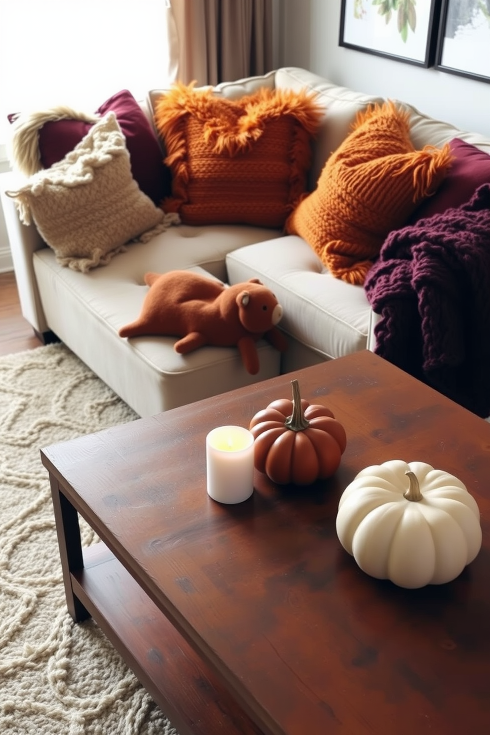 A cozy fall apartment setting with layered textures and faux fur accents. The living room features a plush sofa adorned with a mix of knitted and faux fur throw pillows, complemented by a soft area rug underfoot. Warm autumn hues of burnt orange and deep burgundy are incorporated through decorative cushions and a chunky knit blanket draped over the armrest. A wooden coffee table holds a collection of candles and a small pumpkin centerpiece, adding seasonal charm to the space.