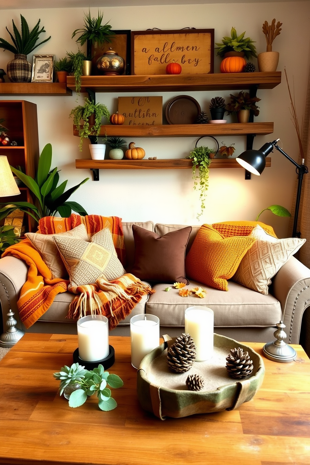 A cozy fall apartment setting featuring rustic wooden decor that enhances the natural feel of the space. The room is adorned with reclaimed wood shelves filled with autumn-themed decorations and warm-toned throw blankets draped over a comfortable sofa. Potted plants are strategically placed to bring the outdoors inside, while a wooden coffee table showcases seasonal candles and a bowl of pinecones. Soft lighting from vintage-style lamps creates an inviting atmosphere perfect for relaxation during the cooler months.