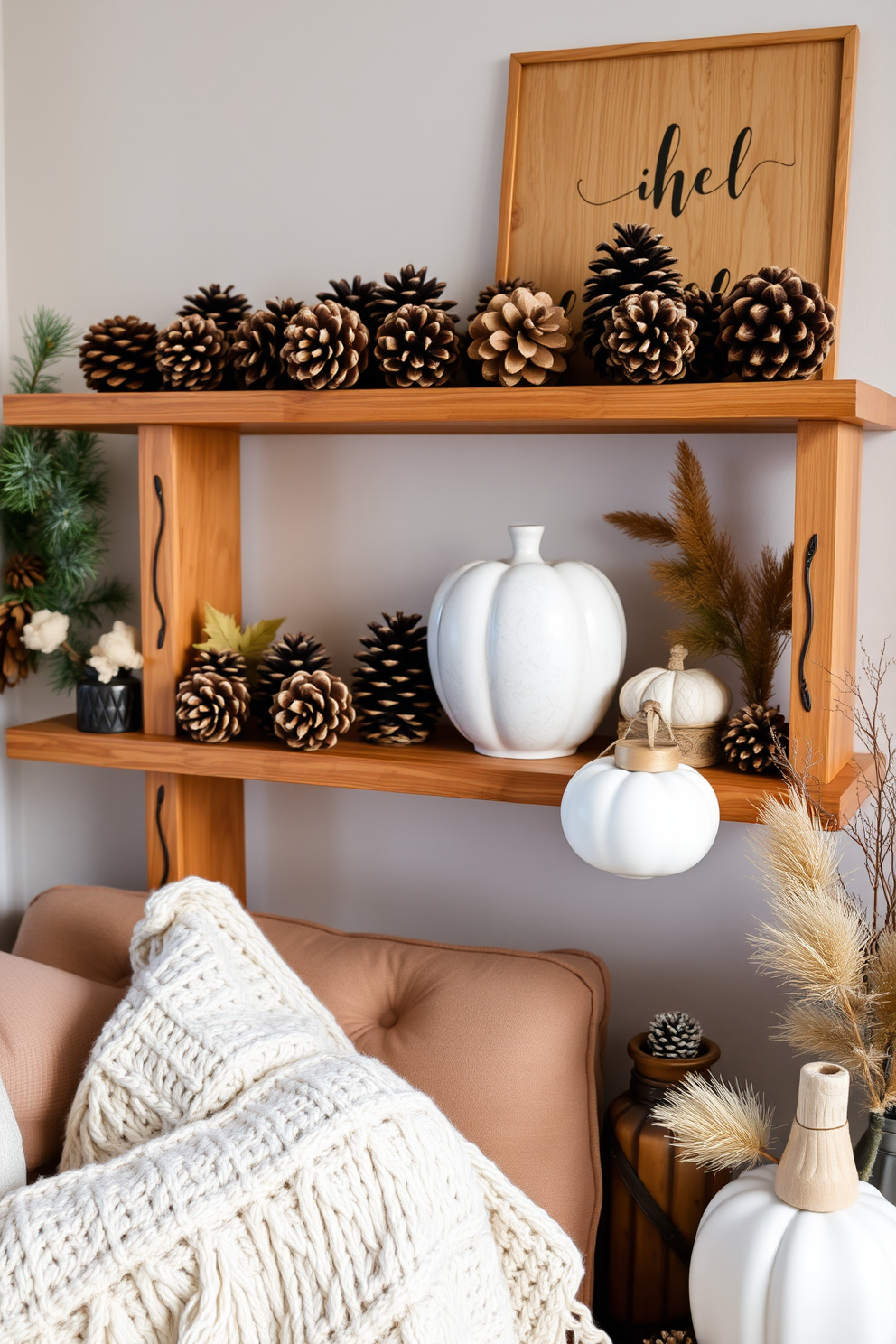 A cozy fall apartment setting filled with warmth and charm. Pine cones are artfully scattered on wooden shelves, complemented by soft, textured throws and seasonal decor.