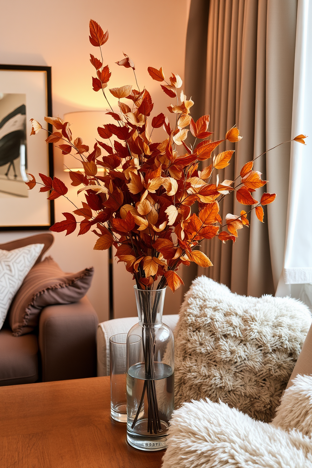 A cozy apartment setting adorned with dried leaves displayed in elegant glass vases. The warm tones of autumn are complemented by soft lighting and plush textiles, creating an inviting atmosphere.