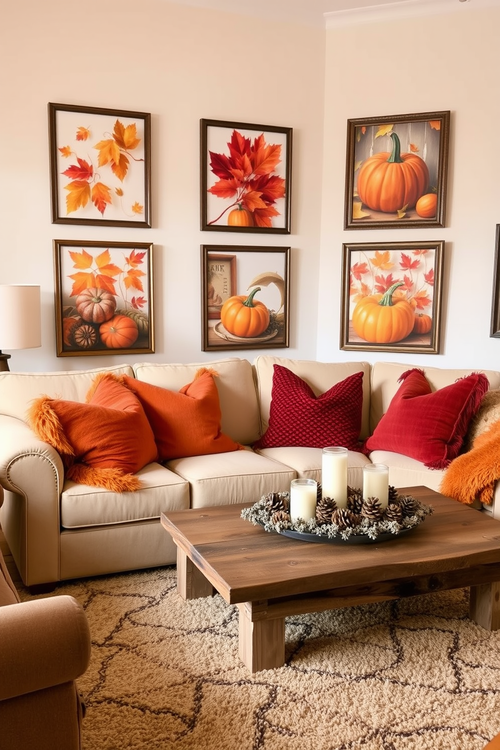 A cozy living room adorned with seasonal artwork featuring vibrant fall themes. The walls are decorated with framed prints of autumn leaves and pumpkins, creating a warm and inviting atmosphere. Plush throw pillows in rich oranges and deep reds are scattered across a soft beige sofa. A rustic wooden coffee table holds a centerpiece of pinecones and candles, enhancing the fall-inspired decor.