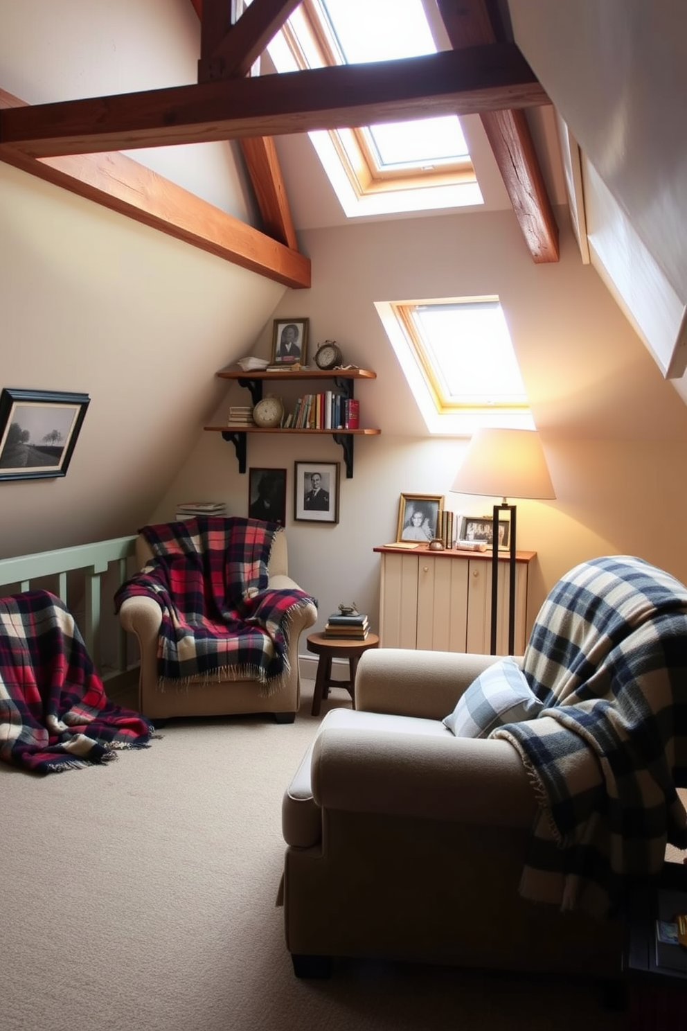 Cozy plaid throw blankets draped over plush armchairs create an inviting atmosphere in a beautifully designed attic space. Soft natural light filters through skylights, illuminating the warm wooden beams and enhancing the rustic charm of the decor. The walls are adorned with vintage photographs and rustic shelves filled with books and trinkets, adding character to the space. A comfortable reading nook is created with a small side table and a floor lamp, perfect for cozy evenings spent enjoying a good book.