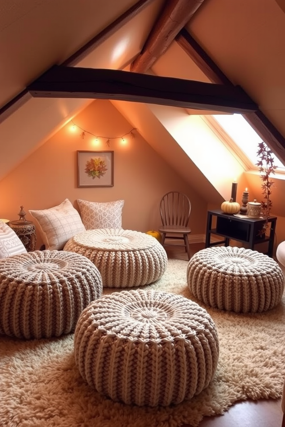 A cozy attic space adorned with soft knitted poufs providing extra seating. The walls are painted in a warm beige, complemented by rustic wooden beams and ambient lighting. The decor features seasonal elements like autumn leaves and pumpkins, creating a welcoming fall atmosphere. A plush area rug anchors the seating area, inviting relaxation and comfort in the attic retreat.