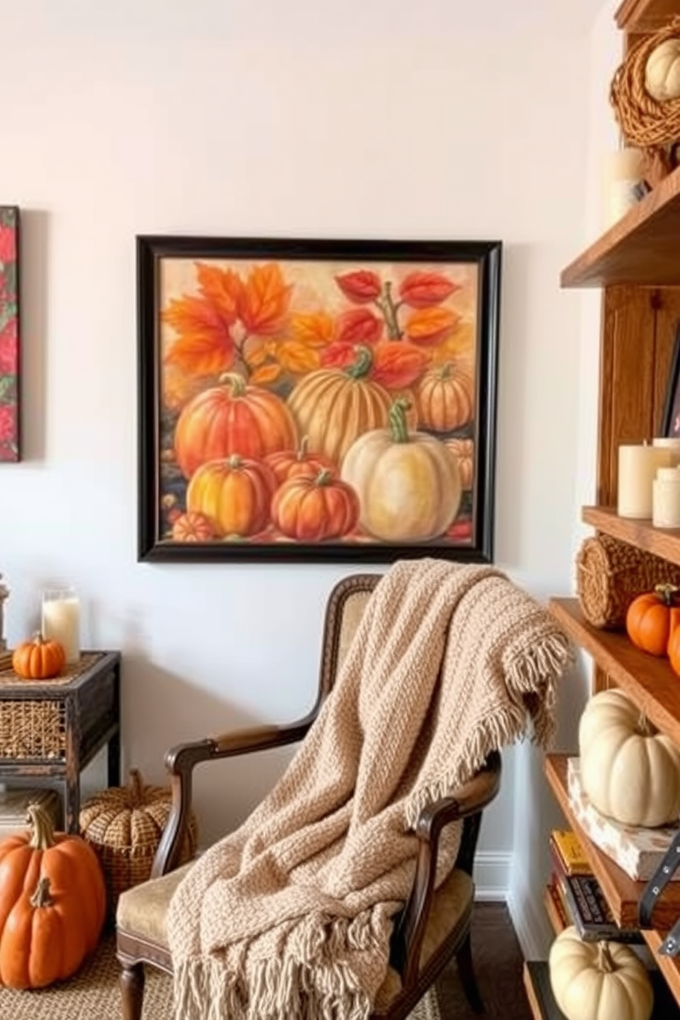 Seasonal artwork featuring fall themes. The walls are adorned with vibrant paintings of autumn leaves and pumpkins, creating a warm and inviting atmosphere. Fall attic decorating ideas. The space is filled with cozy textures, such as a plush throw blanket draped over a vintage chair, and decorative elements like small pumpkins and candles scattered on wooden shelves.