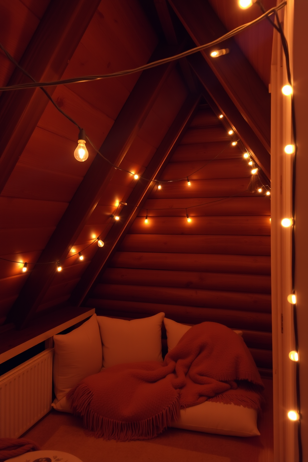 A cozy attic space adorned with string lights that cast a warm and inviting glow throughout the room. The walls are lined with rustic wooden beams, and a plush seating area features soft cushions and a warm throw blanket.