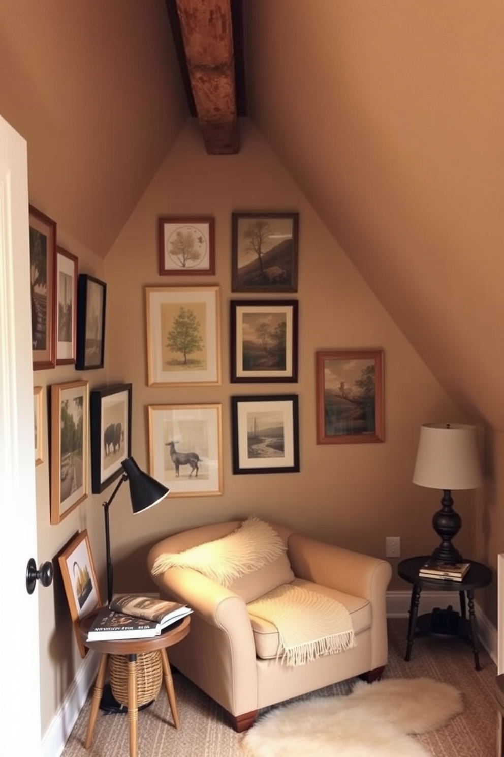 A cozy attic space featuring earthy-toned wall art and prints that evoke a sense of warmth and tranquility. The walls are adorned with various nature-inspired artworks, creating an inviting atmosphere for relaxation and creativity. The decor includes a comfortable reading nook with a plush armchair and a small side table. Soft lighting from a stylish lamp enhances the ambiance, making it a perfect retreat for enjoying art and literature.