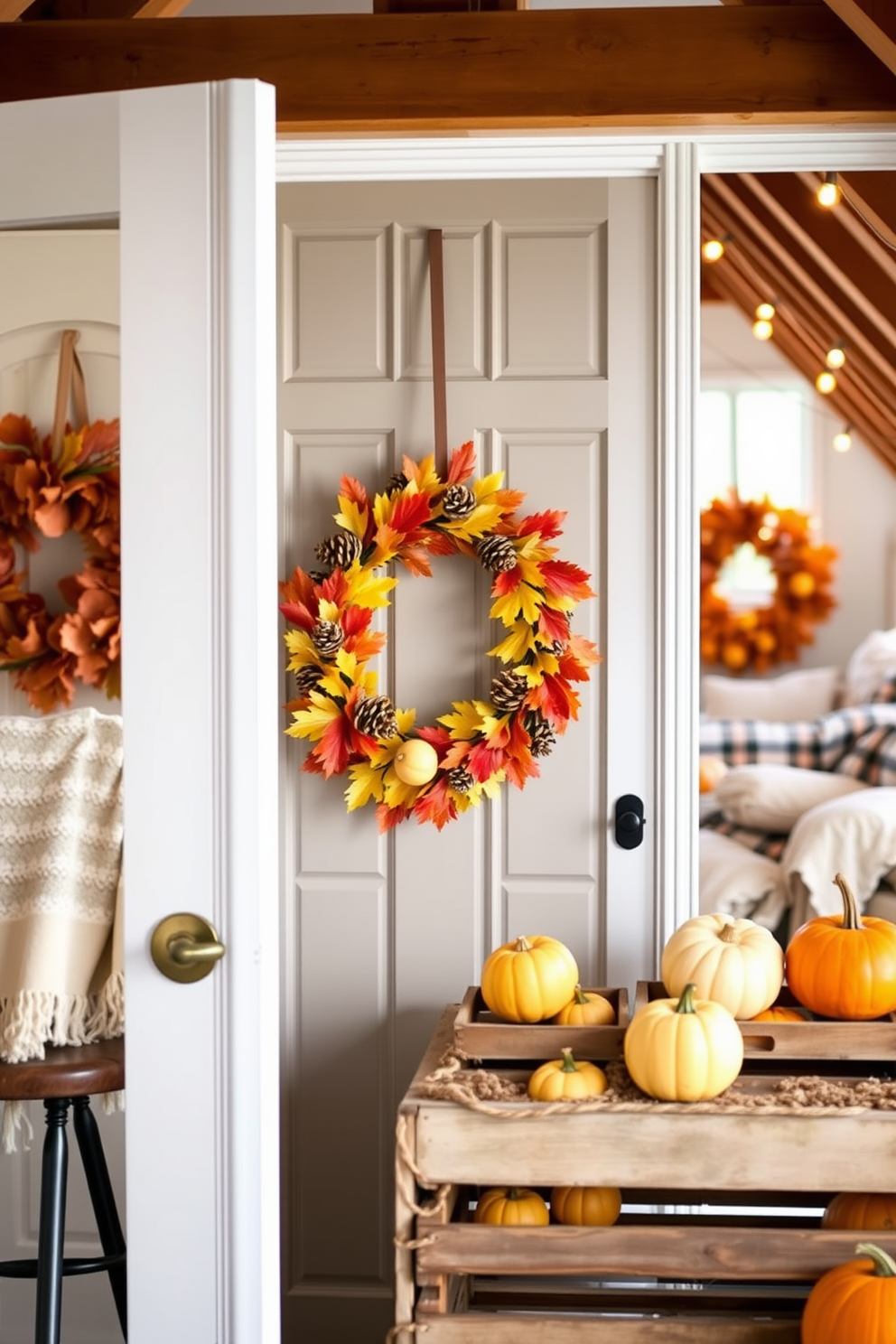 Chic fall wreath on the door. The wreath is made of vibrant autumn leaves, pinecones, and small pumpkins, creating a warm and inviting entrance. Fall attic decorating ideas. The attic features cozy seating with plush blankets, warm lighting from string lights, and decorative elements like vintage crates filled with seasonal gourds.