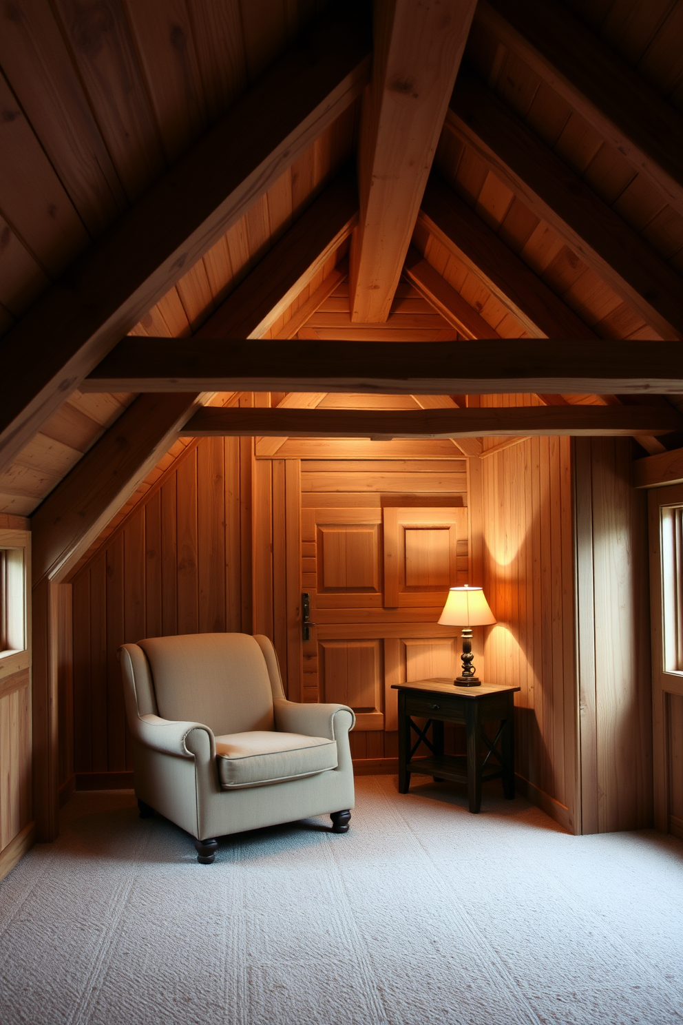 A cozy attic space featuring natural wood accents throughout. Exposed wooden beams line the ceiling, and the walls are adorned with reclaimed wood paneling. A comfortable seating area includes a plush armchair and a small wooden side table. Soft, warm lighting creates an inviting atmosphere, highlighting the rustic charm of the decor.