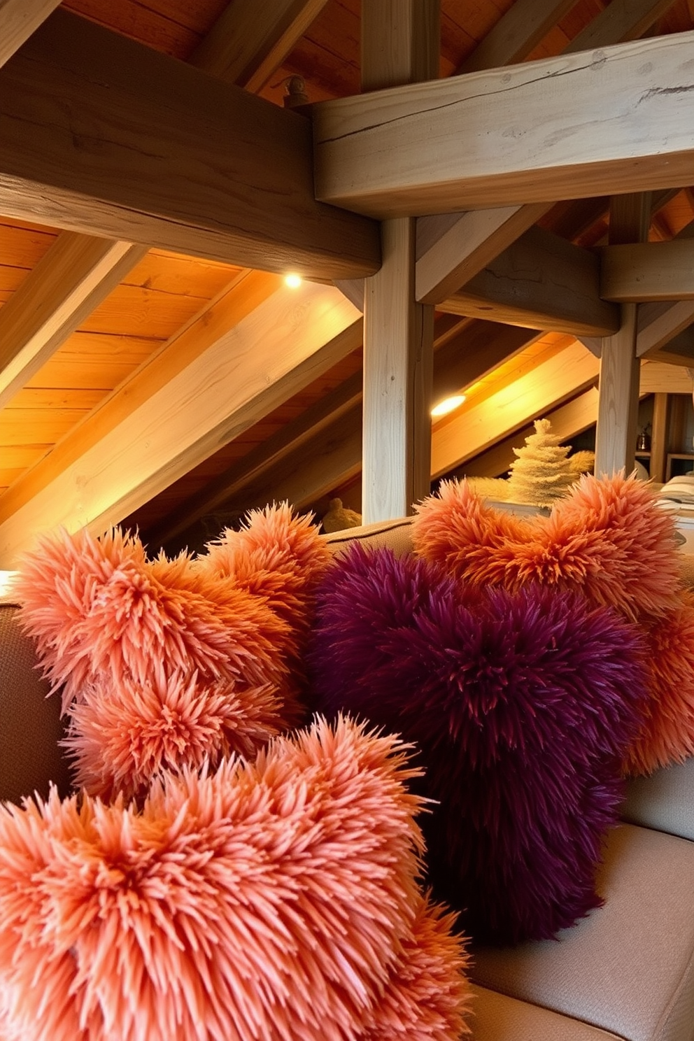 Fluffy pillows in rich autumn colors are scattered across a cozy seating area. The warm hues of orange, burgundy, and mustard create a welcoming atmosphere, inviting relaxation and comfort. In the attic, rustic wooden beams are exposed, enhancing the charm of the space. Soft lighting fixtures cast a gentle glow, illuminating the carefully curated decor that reflects the beauty of fall.