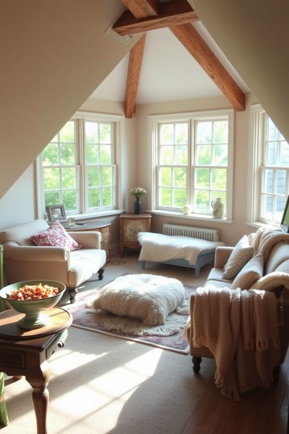 A cozy attic space filled with natural light. Decorative bowls filled with aromatic potpourri are placed strategically around the room to enhance the ambiance. The walls are painted in soft pastels, creating a serene atmosphere. Vintage furniture pieces add character, while plush throw blankets invite relaxation.