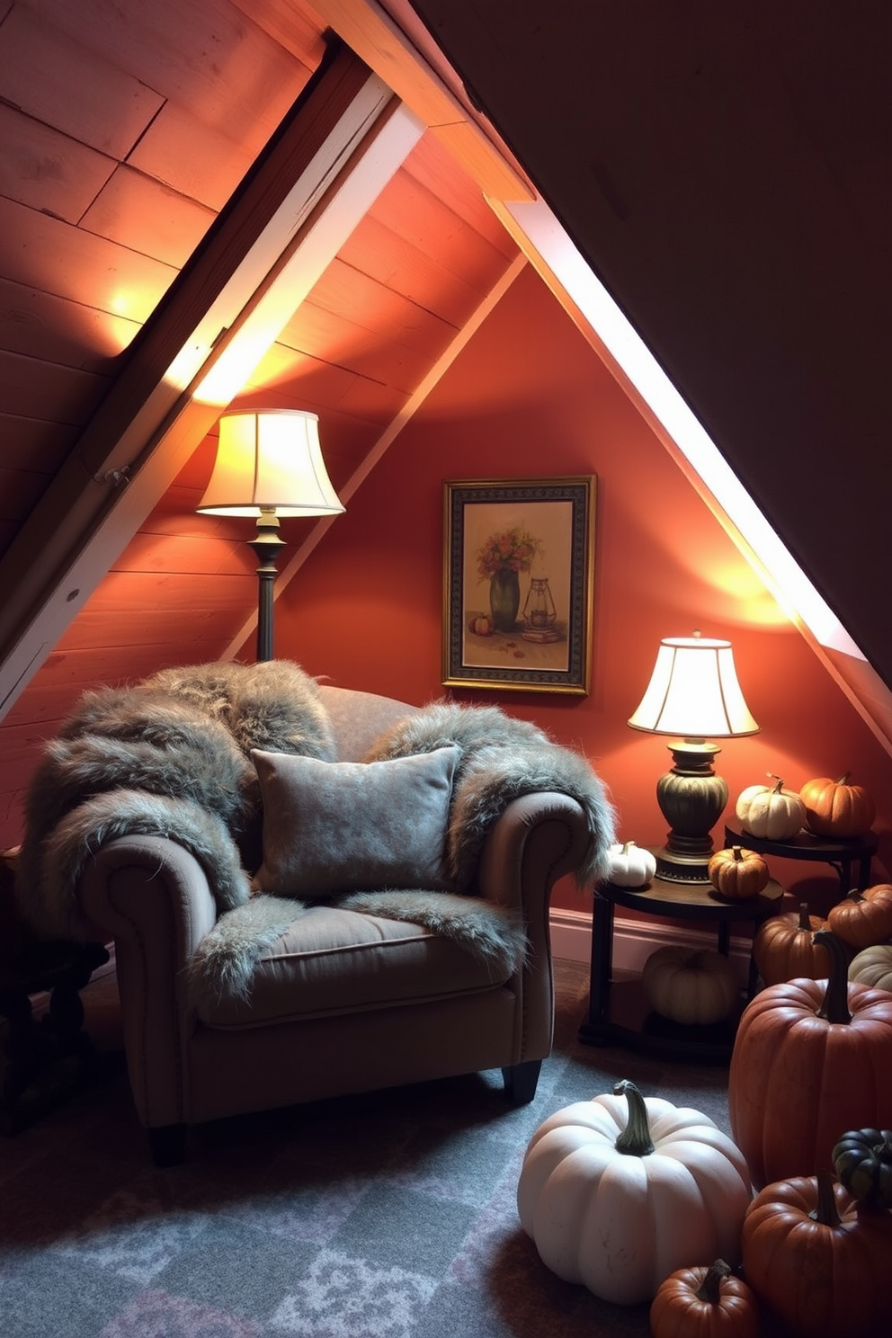 A cozy attic space adorned with faux fur throws draped over a plush armchair invites relaxation. Soft lighting from a vintage lamp casts a warm glow, enhancing the inviting atmosphere. The walls are painted in a rich, earthy tone that complements the natural wood beams overhead. Decorative elements like autumn-themed artwork and a collection of colorful pumpkins bring seasonal charm to the decor.