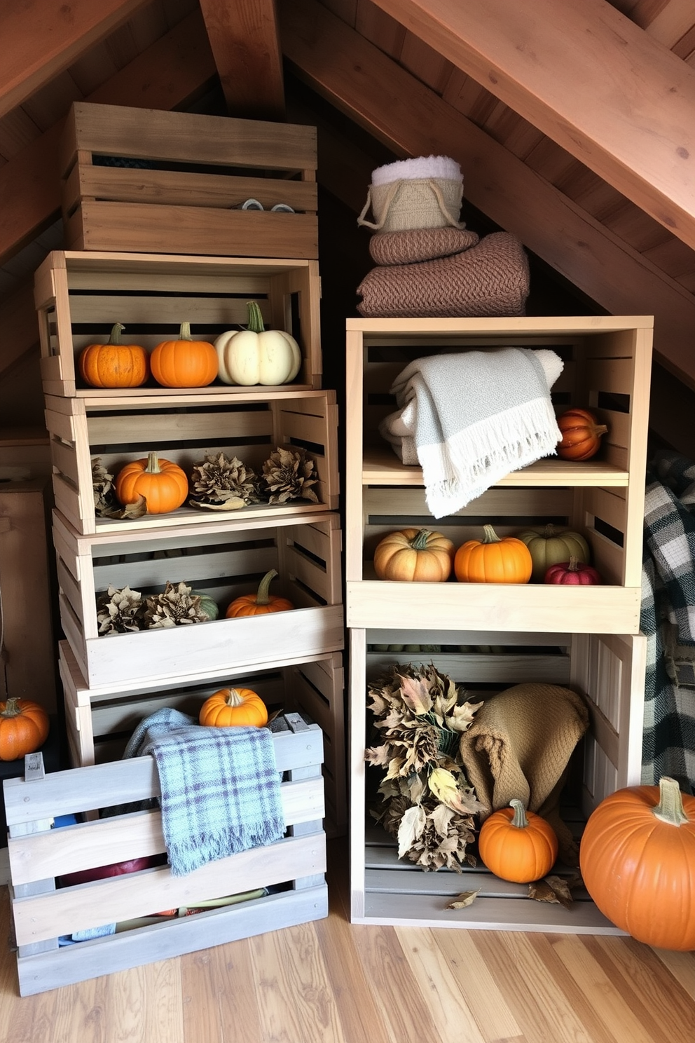 Rustic wooden crates are stacked in a cozy attic, serving as both storage and decorative accents. The crates are filled with seasonal autumn decor, including pumpkins, dried leaves, and warm blankets, creating a welcoming fall atmosphere.