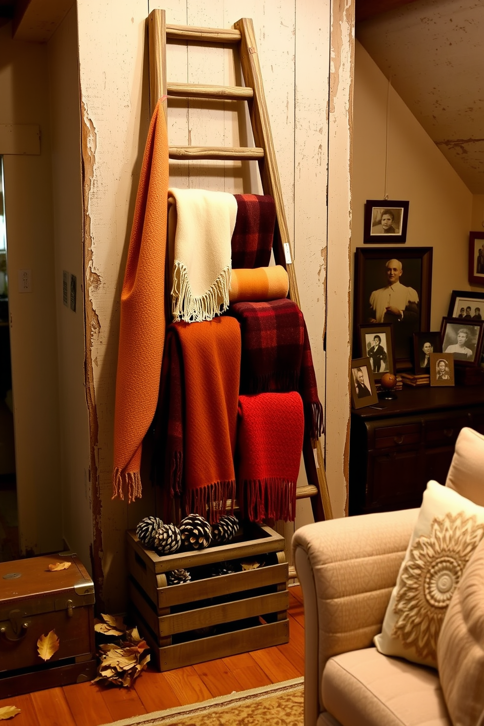 A rustic wooden ladder leans against a weathered wall, adorned with an array of cozy blankets in warm autumn hues. Below, a small wooden crate holds seasonal decorations like pinecones and dried leaves, adding to the inviting fall ambiance. The attic is transformed into a charming retreat with soft lighting and plush seating, perfect for enjoying the crisp autumn air. Vintage decor pieces, such as an old trunk and framed photographs, enhance the nostalgic atmosphere while complementing the rustic ladder display.