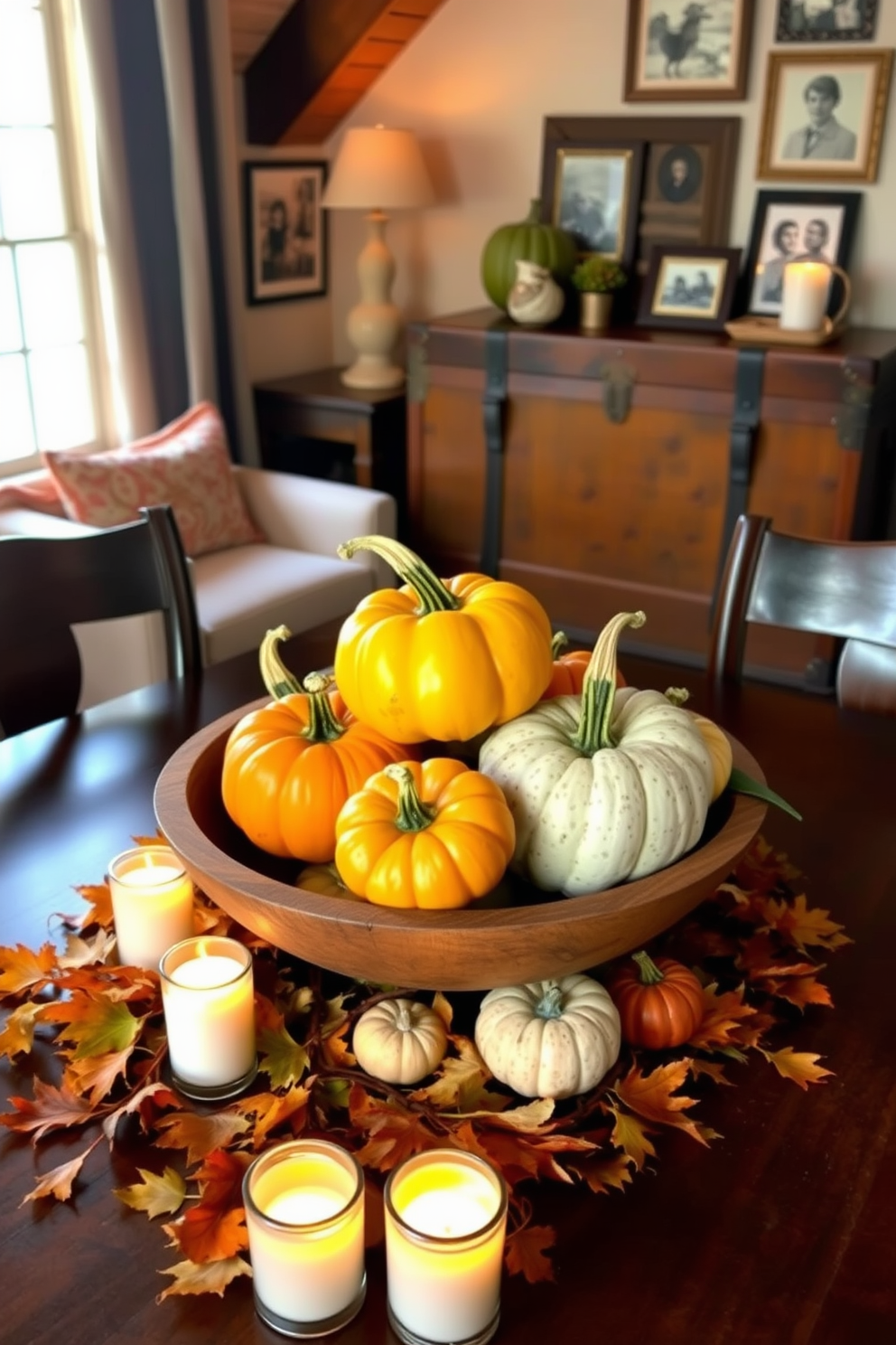 A seasonal table centerpiece featuring an assortment of colorful gourds arranged in a rustic wooden bowl. Surrounding the bowl are small candles and scattered autumn leaves to enhance the cozy fall atmosphere. For attic decorating ideas, envision a warm and inviting space with plush seating and soft lighting. Incorporate vintage decor elements such as an old trunk and framed photographs to create a charming retreat.