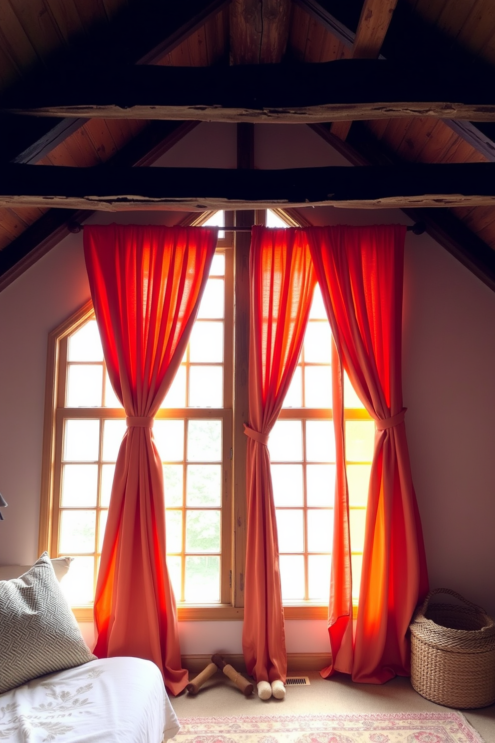 Warm colored curtains frame the windows, creating a cozy and inviting atmosphere in the space. The attic is decorated with rustic wooden beams and soft textiles, enhancing the warmth and charm of the room.