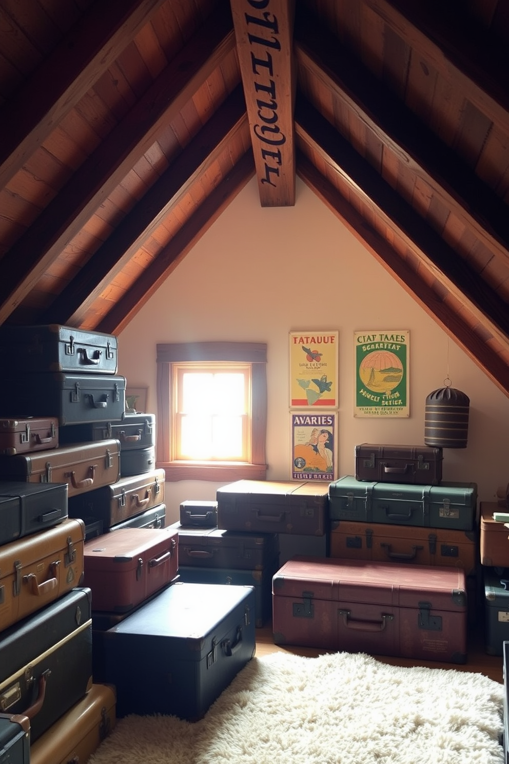 A cozy attic space filled with vintage suitcases stacked artfully in a corner, serving as unique storage solutions. Soft, warm lighting filters through a small window, illuminating the rustic wooden beams and creating an inviting atmosphere. The walls are adorned with vintage travel posters, adding character and nostalgia to the room. A plush area rug lies beneath a small seating area, inviting relaxation amidst the charming decor.