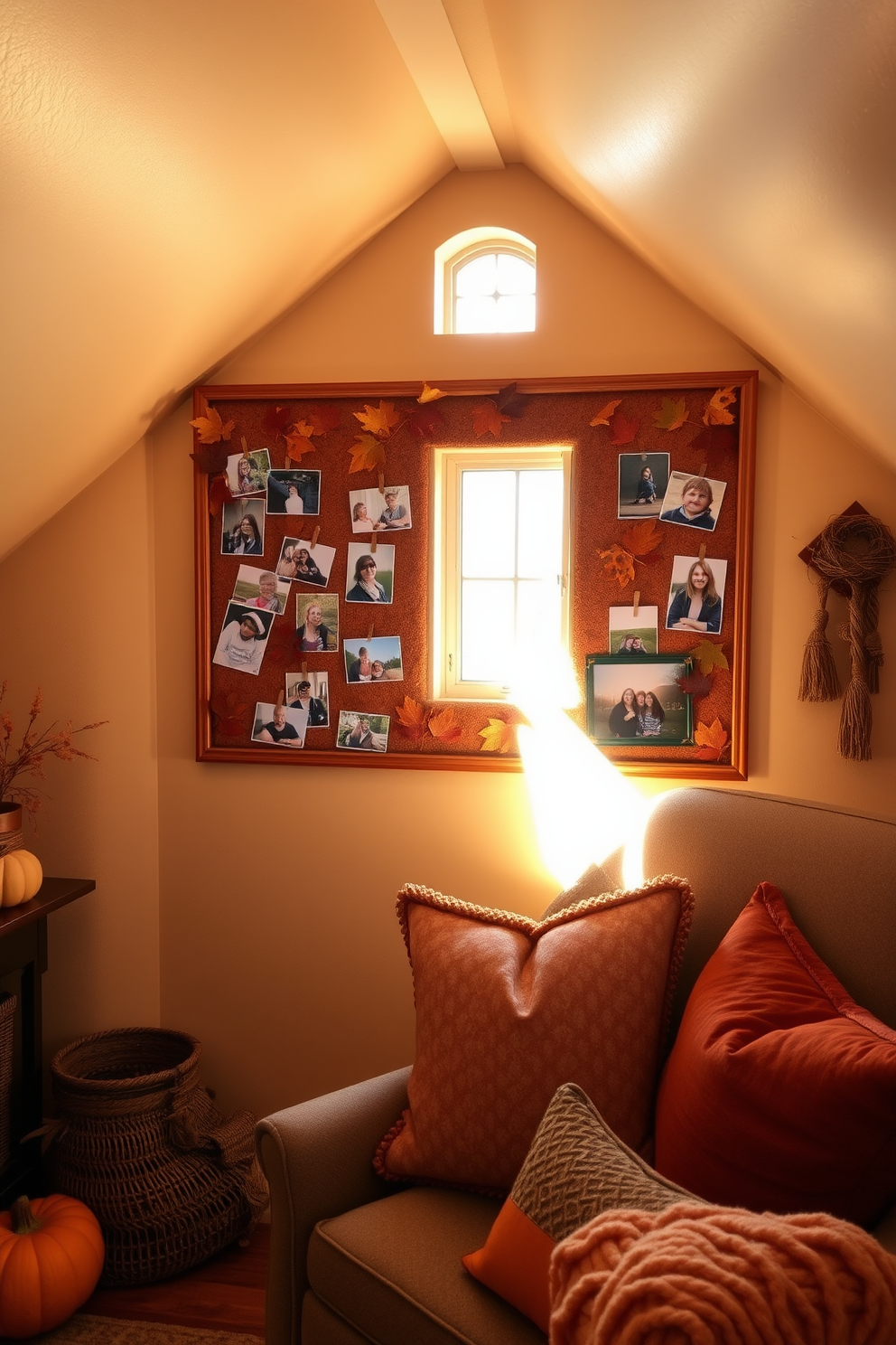 A cozy attic space adorned with a large corkboard showcasing seasonal memories, surrounded by warm, rustic decor. Soft golden light filters through a small window, illuminating the rich textures of autumn leaves and family photos pinned on the board. The walls are painted in a soft beige, creating a warm backdrop for the vibrant colors of fall decor. Plush throw pillows in deep oranges and browns are scattered on a vintage armchair, inviting relaxation and reflection on cherished moments.