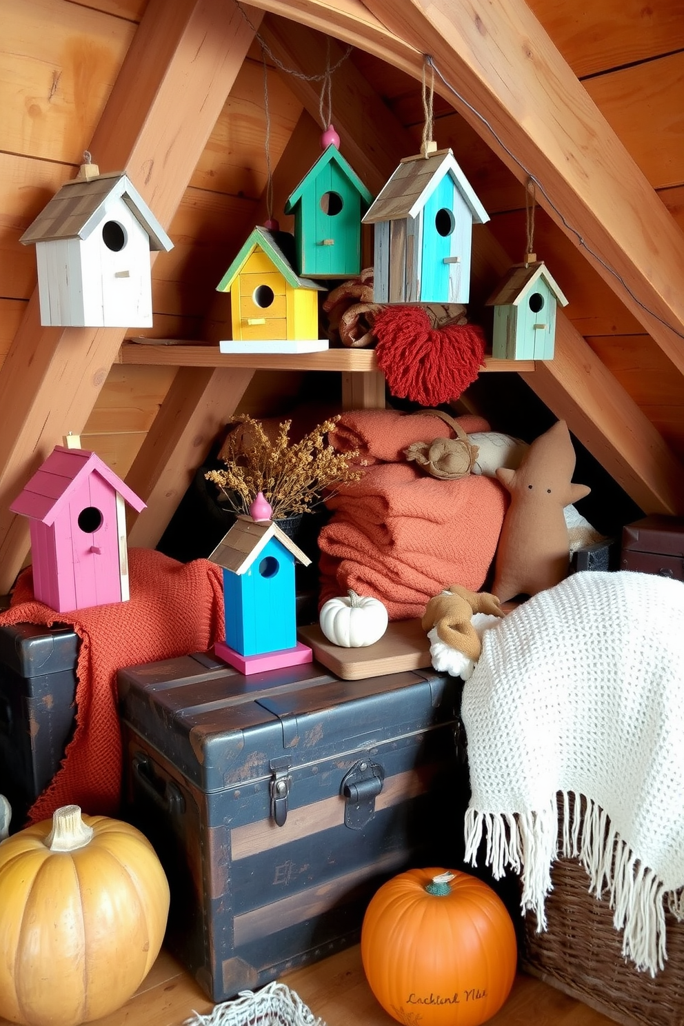 Charming birdhouses for a rustic touch. Each birdhouse is crafted from reclaimed wood, featuring unique shapes and vibrant colors that blend seamlessly with the natural surroundings. Fall attic decorating ideas. The attic is adorned with warm-toned throw blankets, vintage trunks for storage, and soft lighting that creates a cozy, inviting atmosphere perfect for the autumn season.