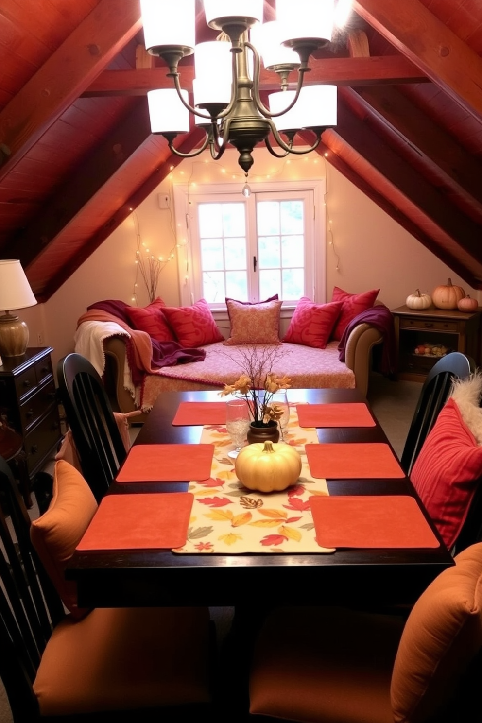 A cozy dining room set for autumn. The table is adorned with a warm-toned table runner featuring leaves and pumpkins, complemented by matching placemats. An inviting attic space transformed for the fall season. Soft blankets and throw pillows in rich oranges and deep reds create a comfortable sitting area, while decorative pumpkins and twinkling fairy lights add a festive touch.