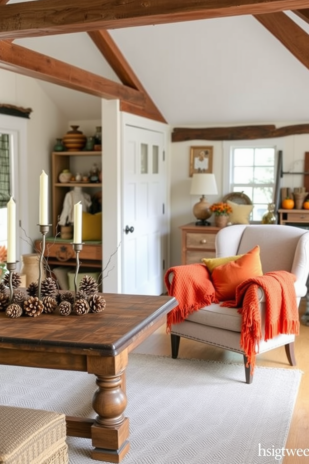 A cozy living space filled with DIY crafts using pinecones and twigs. The room features a rustic wooden table adorned with pinecone centerpieces and twig candle holders. Warm autumn colors envelop the attic with fall decorating ideas. Soft blankets and plush pillows in shades of orange and yellow are scattered across a vintage armchair, creating an inviting atmosphere.