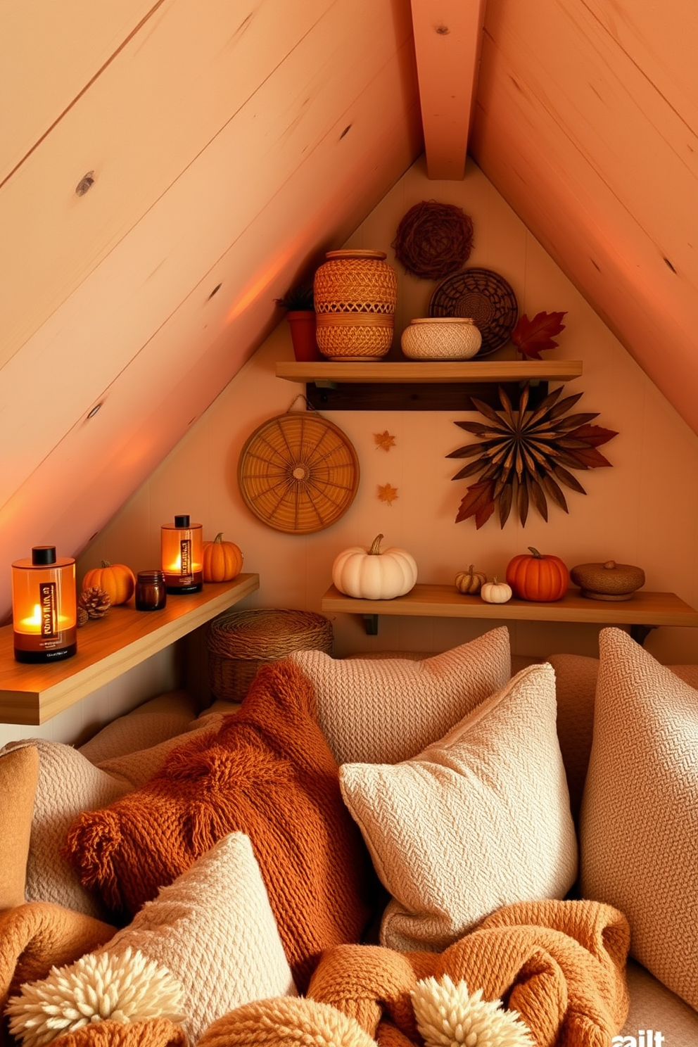 A cozy attic space decorated for fall. There are essential oil diffusers placed on rustic wooden shelves, filling the air with seasonal scents of cinnamon and pumpkin spice. The walls are adorned with warm-toned decorations like woven baskets and autumn leaves. Soft blankets and cushions in earthy colors are scattered across a plush seating area, inviting relaxation and comfort.