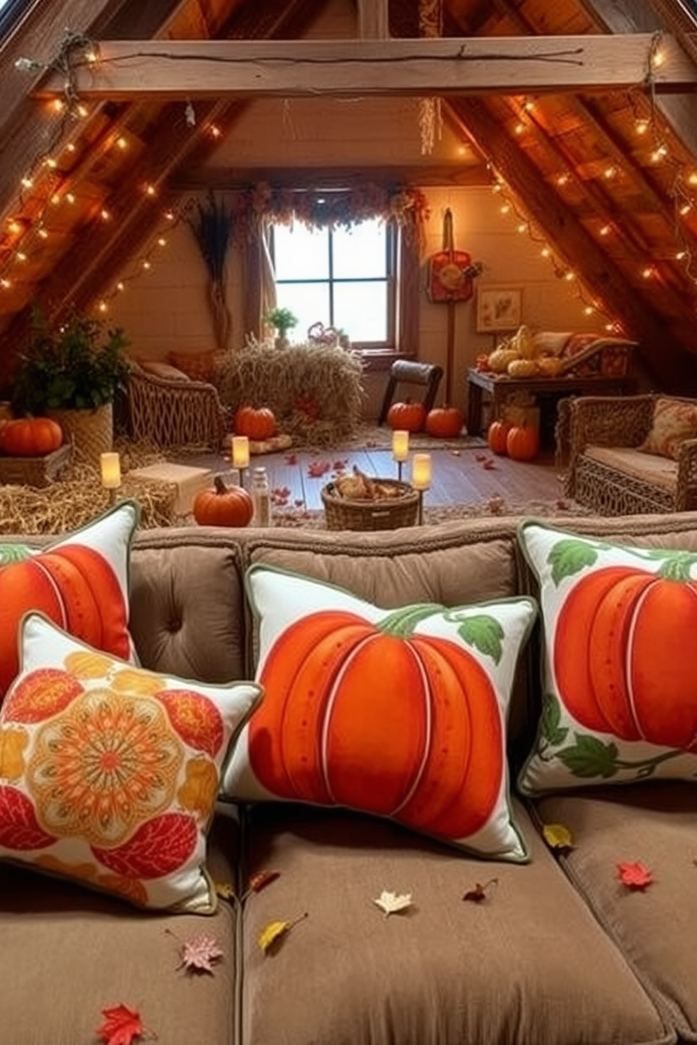 Pumpkin-themed cushions adorn the plush seating areas, adding a vibrant touch of autumn to the space. The cushions feature various shades of orange and intricate patterns, creating a cozy and inviting atmosphere. The attic is transformed into a charming fall retreat, with rustic decorations and warm lighting. Bales of hay, scattered leaves, and twinkling fairy lights enhance the seasonal ambiance, making it a perfect gathering spot.