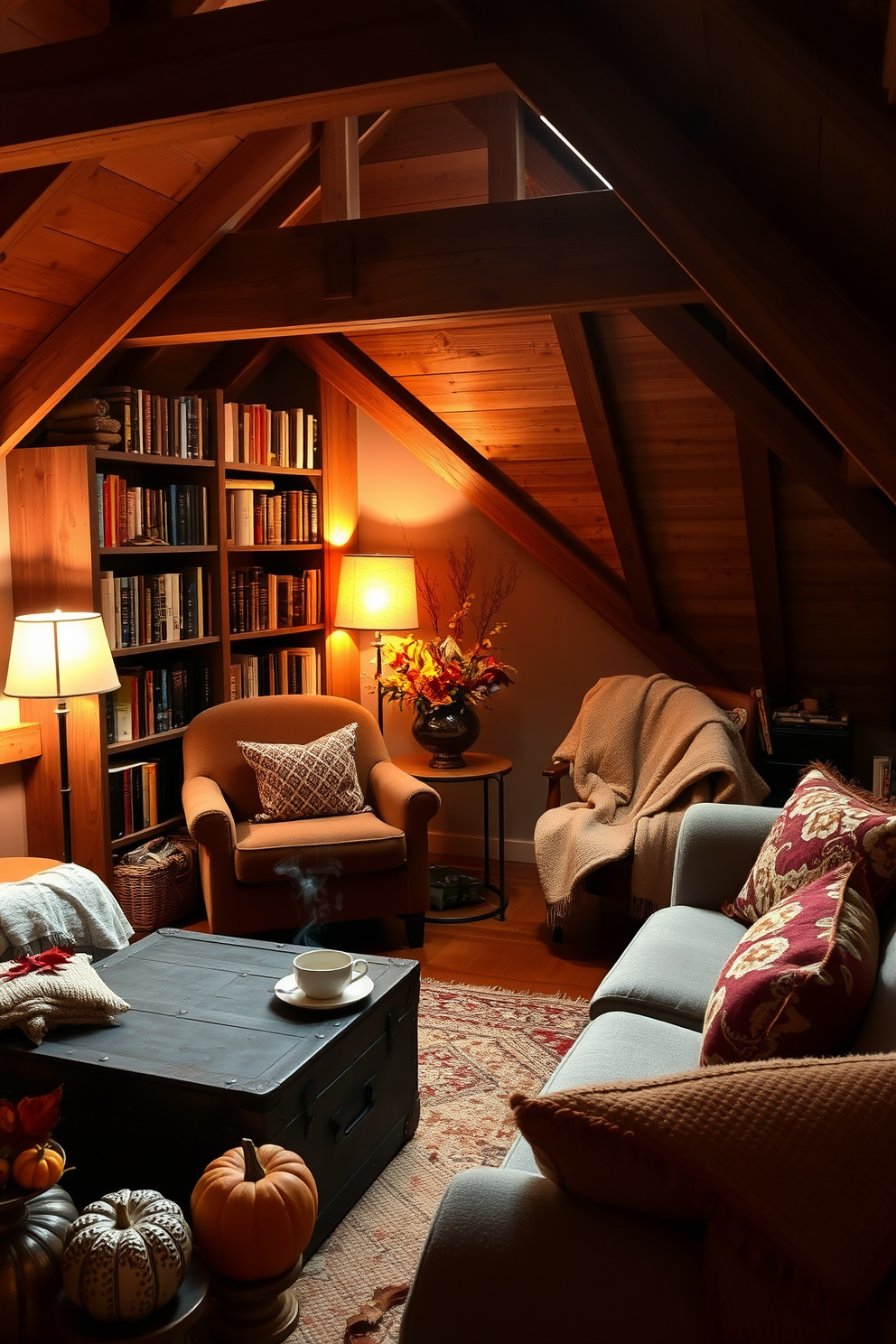 Cozy reading nook with armchair setup. A plush armchair is positioned next to a tall bookshelf filled with books, creating an inviting atmosphere for reading. Soft lighting from a nearby floor lamp illuminates the space, casting a warm glow. A small side table holds a steaming cup of tea and a cozy blanket draped over the armchair. Fall attic decorating ideas. The attic features exposed wooden beams and is adorned with autumn-themed decor, including pumpkins and colorful leaves. A vintage trunk serves as a coffee table, surrounded by comfy seating that invites relaxation. Warm blankets and seasonal cushions add a touch of comfort to the space.