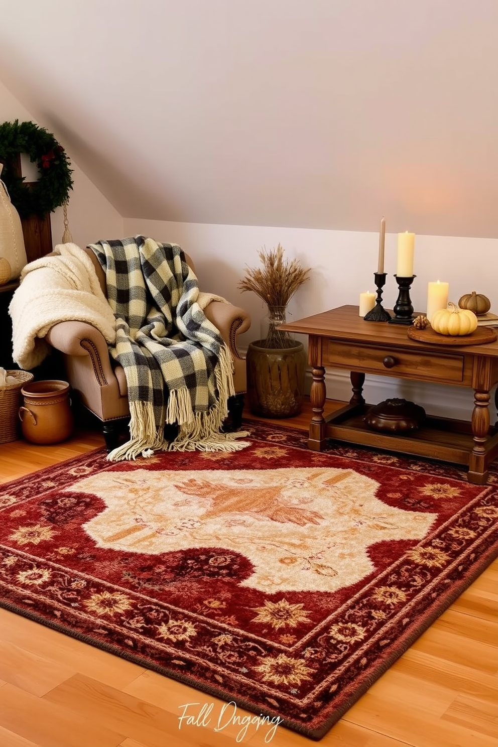 Layered rugs for added texture and warmth. A large, plush area rug in a neutral tone anchors the space, while a smaller, patterned rug adds visual interest on top. Fall Attic Decorating Ideas. Soft, warm blankets are draped over a vintage armchair, and a rustic wooden table is adorned with seasonal decor like pumpkins and candles.