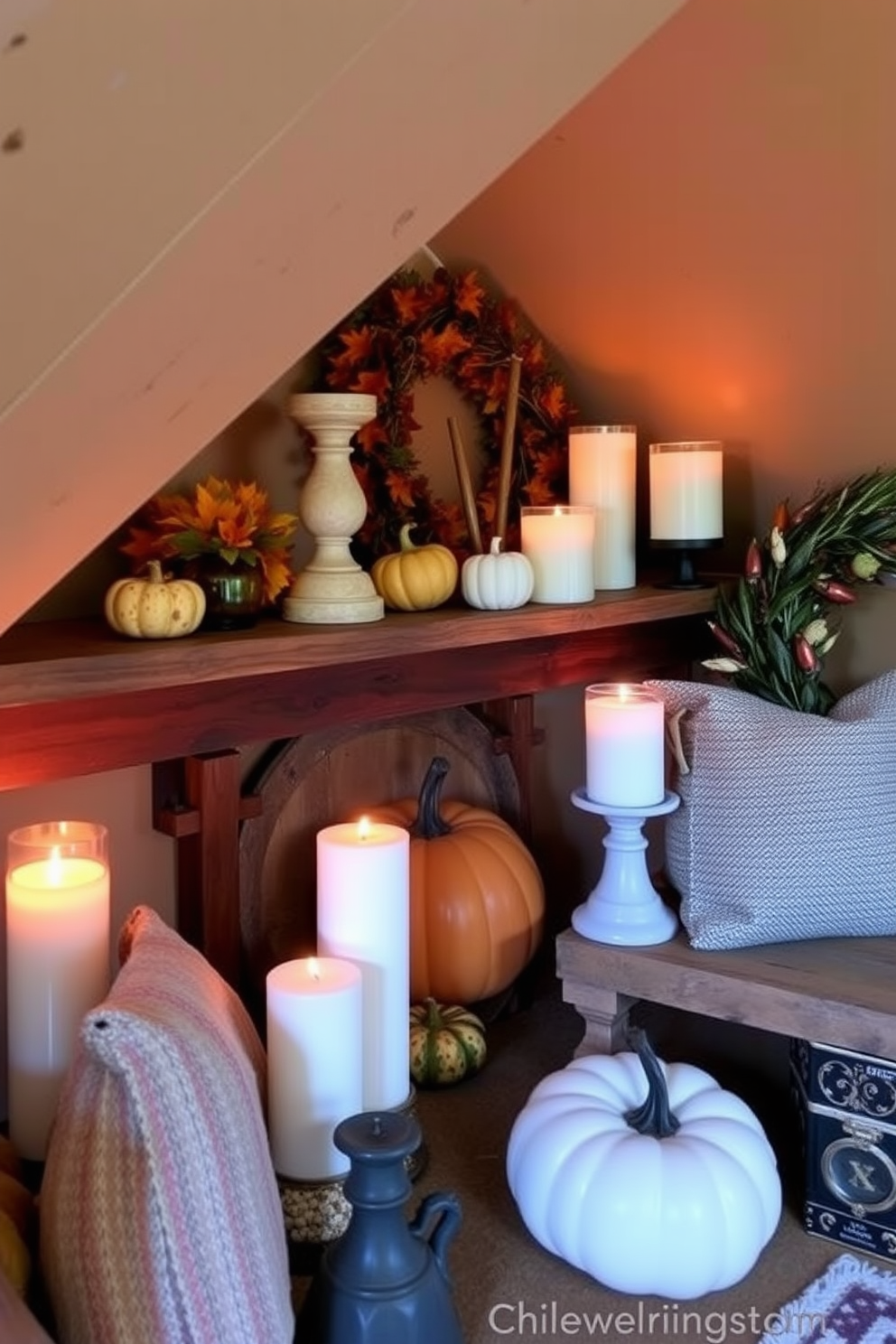 Create a cozy attic space decorated for fall. Incorporate candles of varied heights to enhance the ambiance, placed on rustic wooden shelves alongside autumn-themed decor.