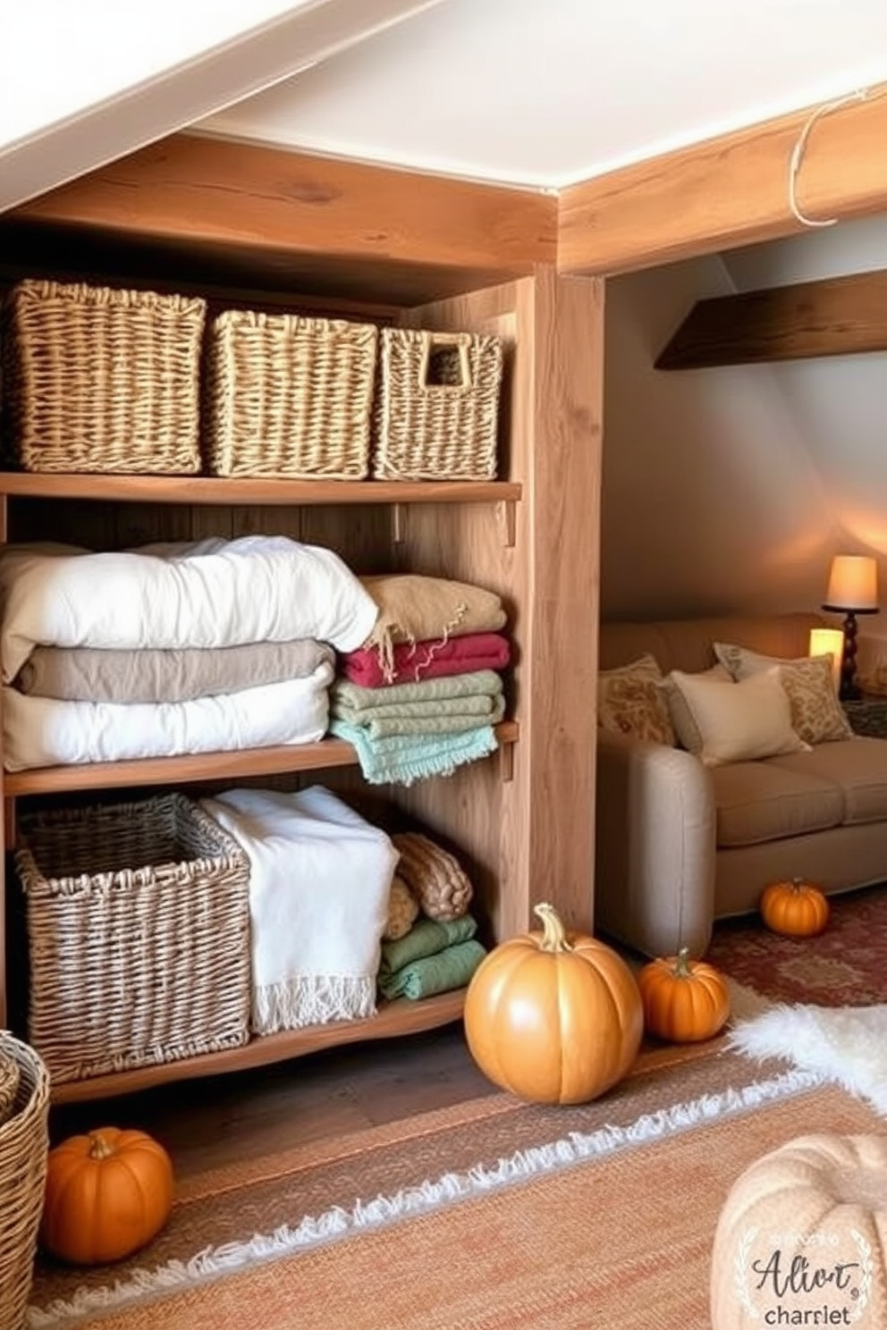 Woven baskets are neatly arranged in a rustic wooden shelving unit, providing a warm and inviting space for cozy blanket storage. The soft textures of the blankets complement the natural fibers of the baskets, creating a harmonious and functional display. The attic is transformed into a charming retreat with warm autumn colors and cozy furnishings. Soft, layered rugs and plush seating create an inviting atmosphere, while decorative elements like pumpkins and candles add seasonal flair.