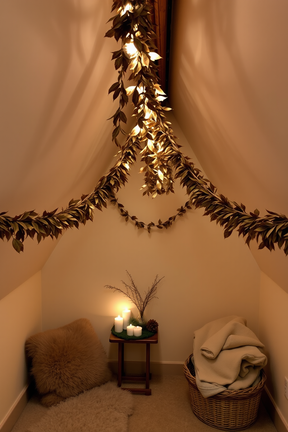 A cozy attic space adorned with hanging garlands of dried leaves creates a warm and inviting atmosphere. Soft, ambient lighting illuminates the room, highlighting the rustic wooden beams and the plush seating area. In one corner, a small table is decorated with seasonal candles and a woven basket filled with blankets. The walls are painted in a soft beige, complementing the natural tones of the dried leaves and enhancing the overall charm of the space.