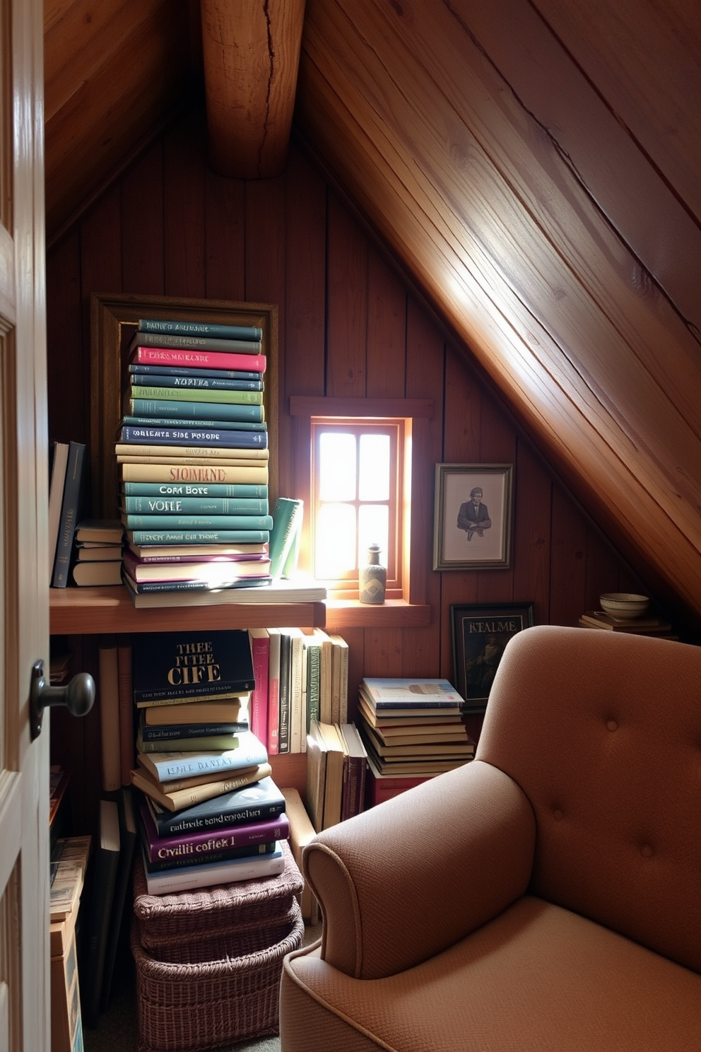 A cozy attic space filled with vintage charm. Stacked vintage books are used as decor on a reclaimed wood shelf, adding character and warmth to the room. Soft, natural light filters through a small window, illuminating the rich textures of the space. A plush armchair sits nearby, inviting you to curl up with a good book surrounded by nostalgic treasures.