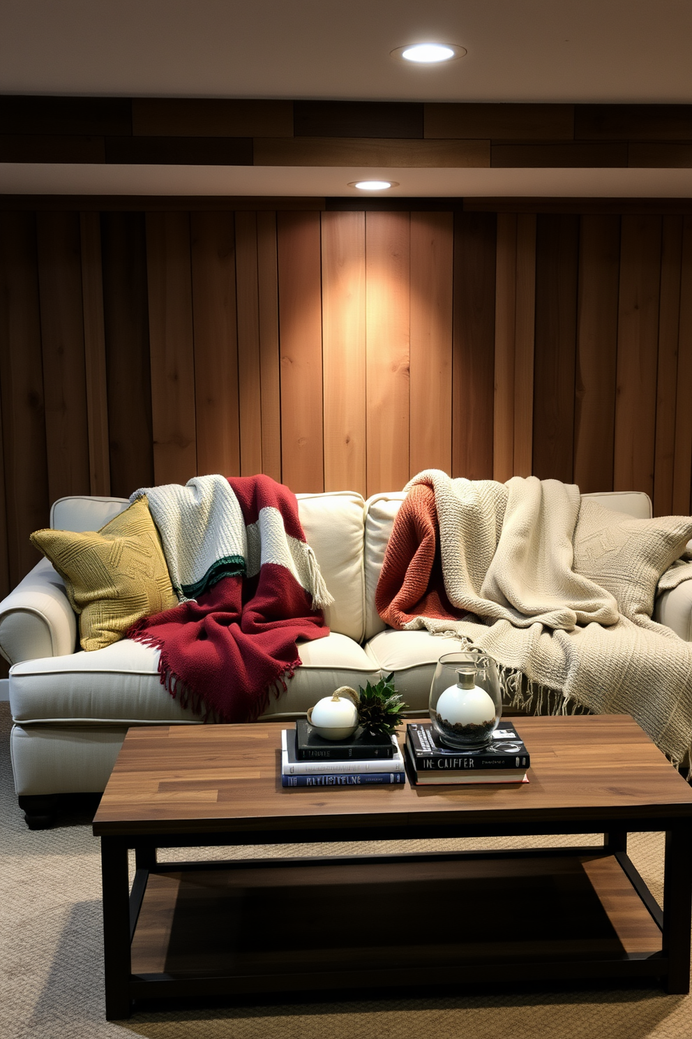 Cozy throw blankets are draped casually over a plush sofa in a warm and inviting basement. Soft lighting illuminates the space, highlighting the rich textures of the blankets and inviting relaxation. The walls are adorned with rustic wooden panels, creating a charming atmosphere. A stylish coffee table sits in front of the sofa, topped with seasonal decor and a few well-placed books.