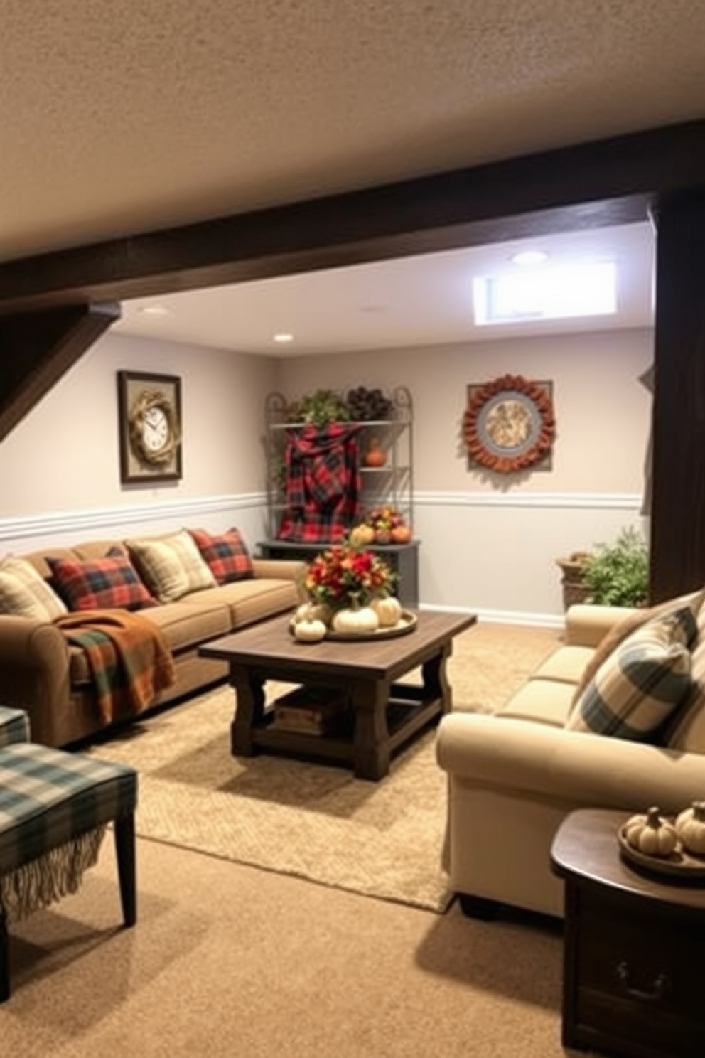 A cozy basement space designed for the fall season. The room features a comfortable seating area with plaid cushions and throws that add warmth and texture to the environment. Soft lighting illuminates the space, highlighting the rich autumn colors of the decor. A rustic coffee table sits in the center, surrounded by pumpkins and seasonal decorations to enhance the inviting atmosphere.