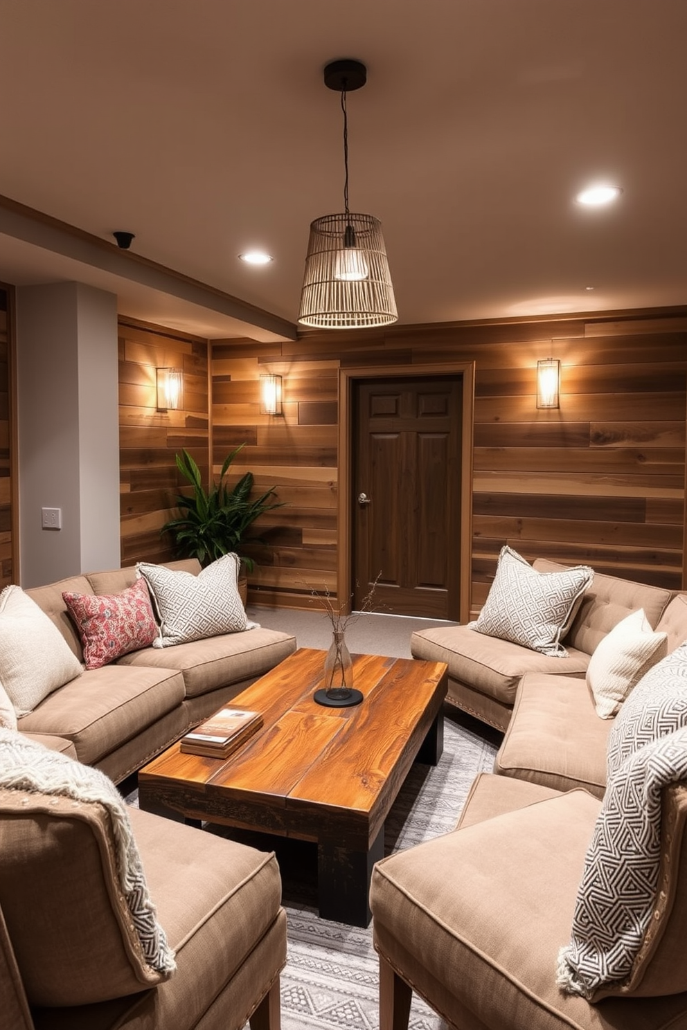 A cozy basement retreat featuring wooden accents that create a natural and warm atmosphere. The space includes a rustic wooden coffee table surrounded by plush seating and soft textiles in earthy tones. The walls are adorned with reclaimed wood paneling, enhancing the organic feel of the room. Ambient lighting fixtures made of natural materials provide a gentle glow, inviting relaxation and comfort.