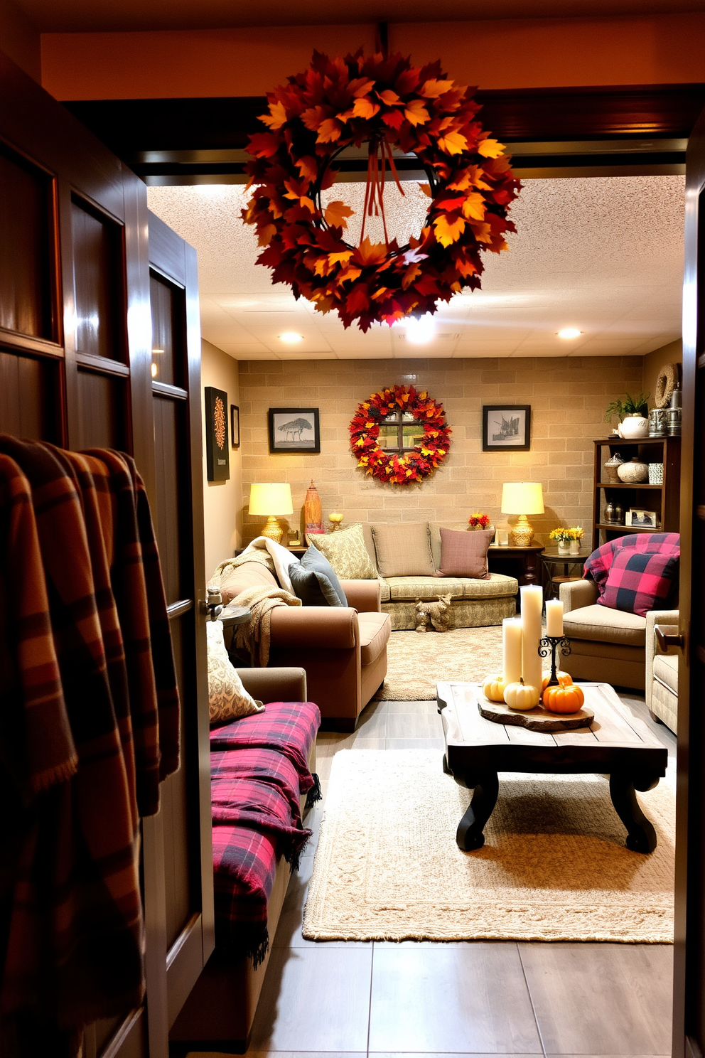 A warm and inviting basement space decorated for fall. The entrance features a seasonal wreath made of colorful autumn leaves and small pumpkins, welcoming guests into the cozy area. Inside, the basement is adorned with rich, earthy tones and plush seating options. Decorative elements include throw blankets in plaid patterns and a rustic coffee table topped with candles and seasonal decor.