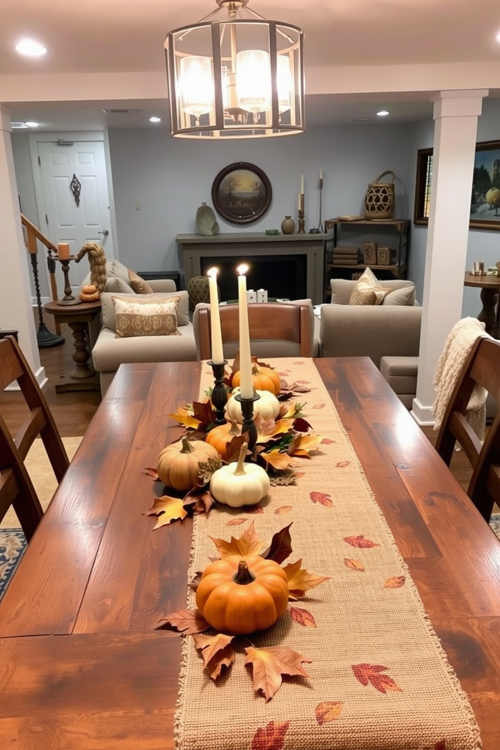 A cozy fall-themed table runner stretches across a rustic wooden dining table adorned with small pumpkins and autumn leaves. Soft candlelight flickers in the background, creating a warm and inviting atmosphere for gatherings. In the basement, plush seating arrangements are accented with throw pillows in warm earth tones. Decorative elements like woven baskets and seasonal artwork add a touch of charm and comfort to the space.