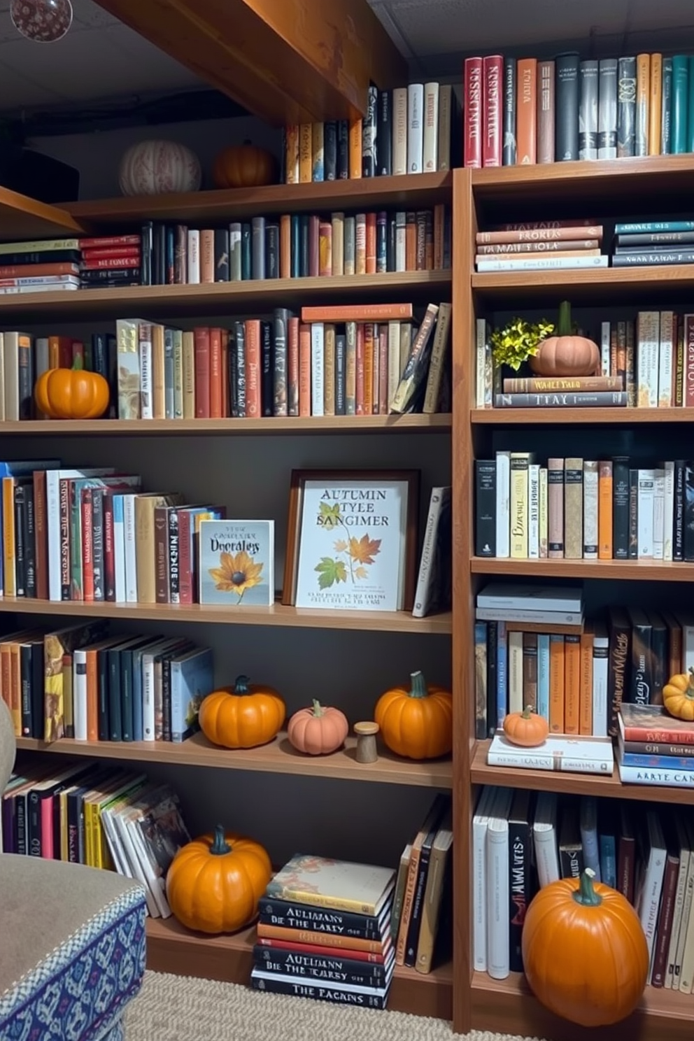 A cozy basement space featuring bookshelves filled with autumn-themed books. The shelves are adorned with decorative pumpkins and warm-toned accents, creating a seasonal atmosphere.