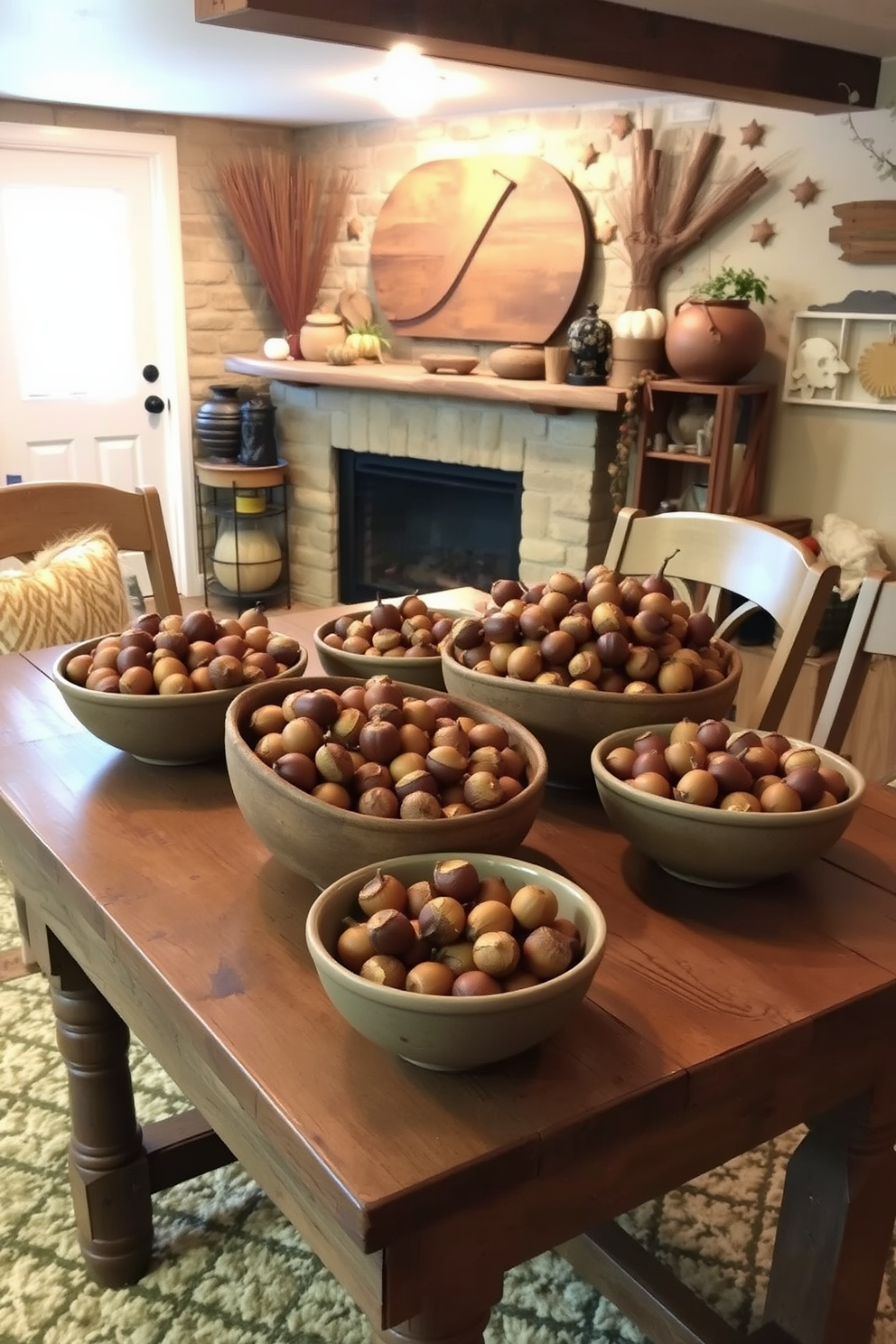 Artistic bowls filled with acorns are creatively arranged on a rustic wooden table in a cozy basement. The warm, earthy tones of the decor complement the natural textures, creating an inviting atmosphere perfect for fall.