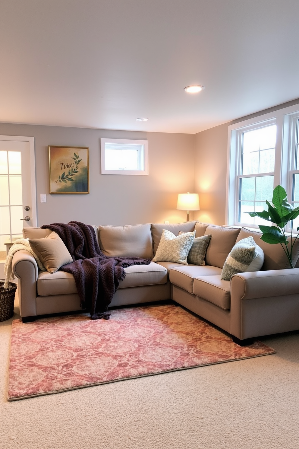 A cozy basement living area featuring a plush sofa adorned with various textured throws in warm hues. The walls are painted a soft gray, and large windows allow natural light to filter in, enhancing the inviting atmosphere.