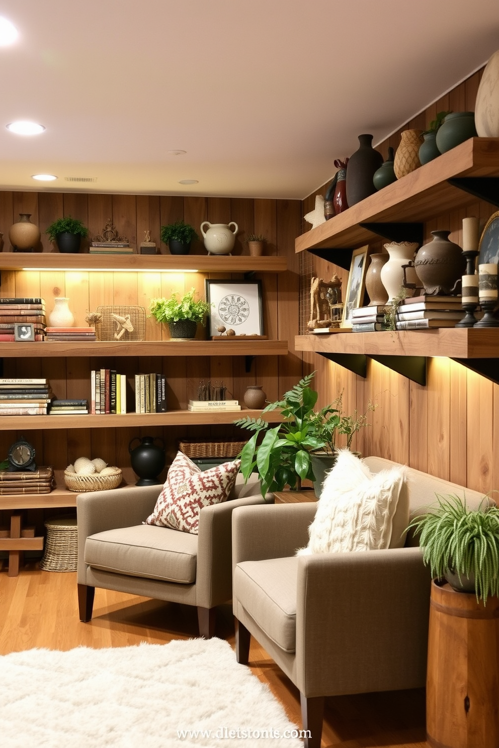 Rustic wooden shelves line the walls of a cozy basement, showcasing an array of carefully curated decor items. Soft, ambient lighting highlights the natural grain of the wood, creating a warm and inviting atmosphere. The shelves are adorned with vintage books, potted plants, and handcrafted pottery, adding character to the space. A plush area rug anchors the seating area, inviting relaxation and conversation in this charming fall-inspired basement retreat.