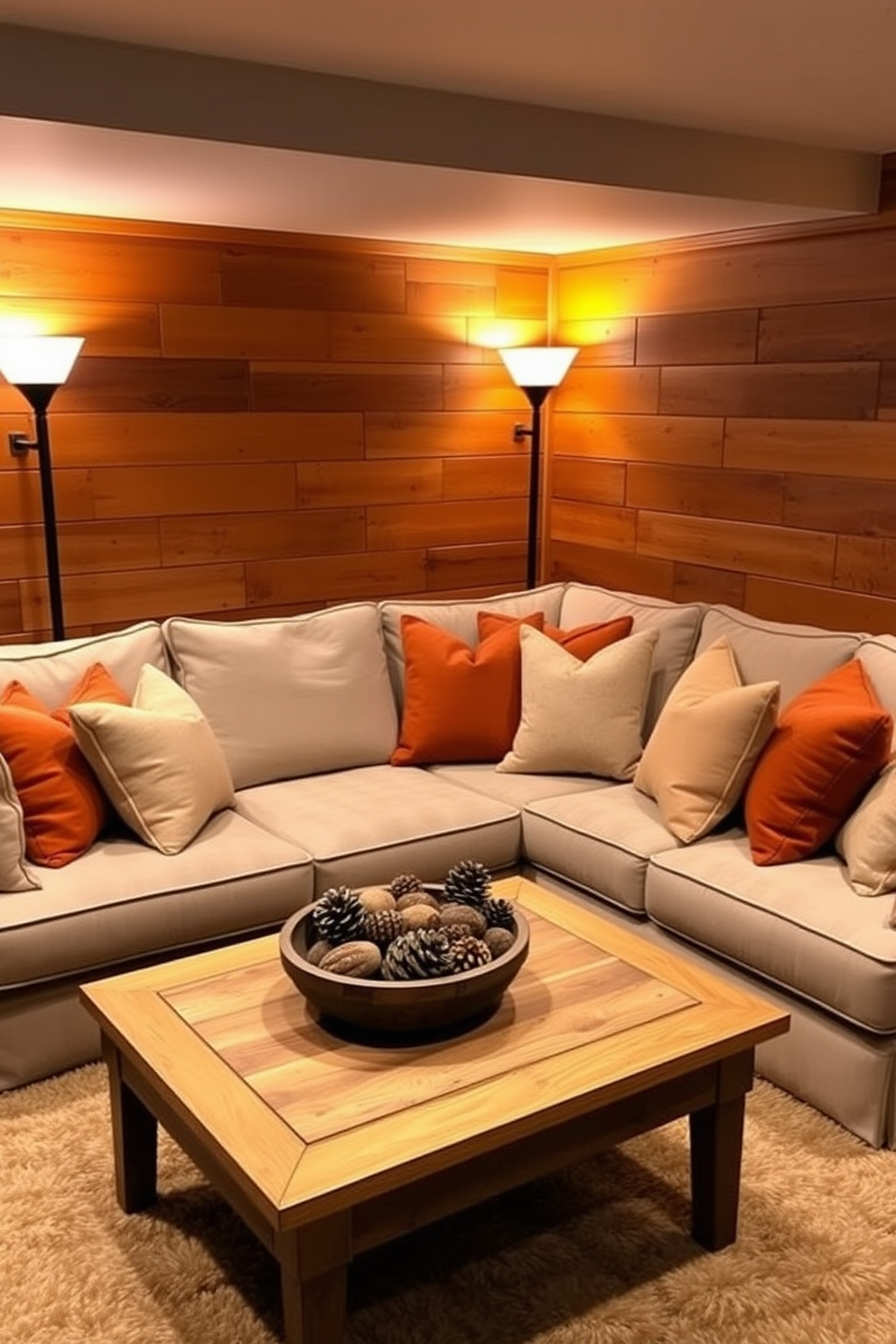 Warm autumn-colored pillows are scattered across a plush beige sectional sofa, inviting relaxation in the cozy basement space. The walls are adorned with rustic wooden paneling, and a soft area rug in earthy tones anchors the seating area. In one corner, a small wooden coffee table holds a decorative bowl filled with pinecones and acorns, adding a touch of seasonal charm. Ambient lighting from stylish floor lamps creates a warm glow, enhancing the inviting atmosphere of the fall-themed basement.