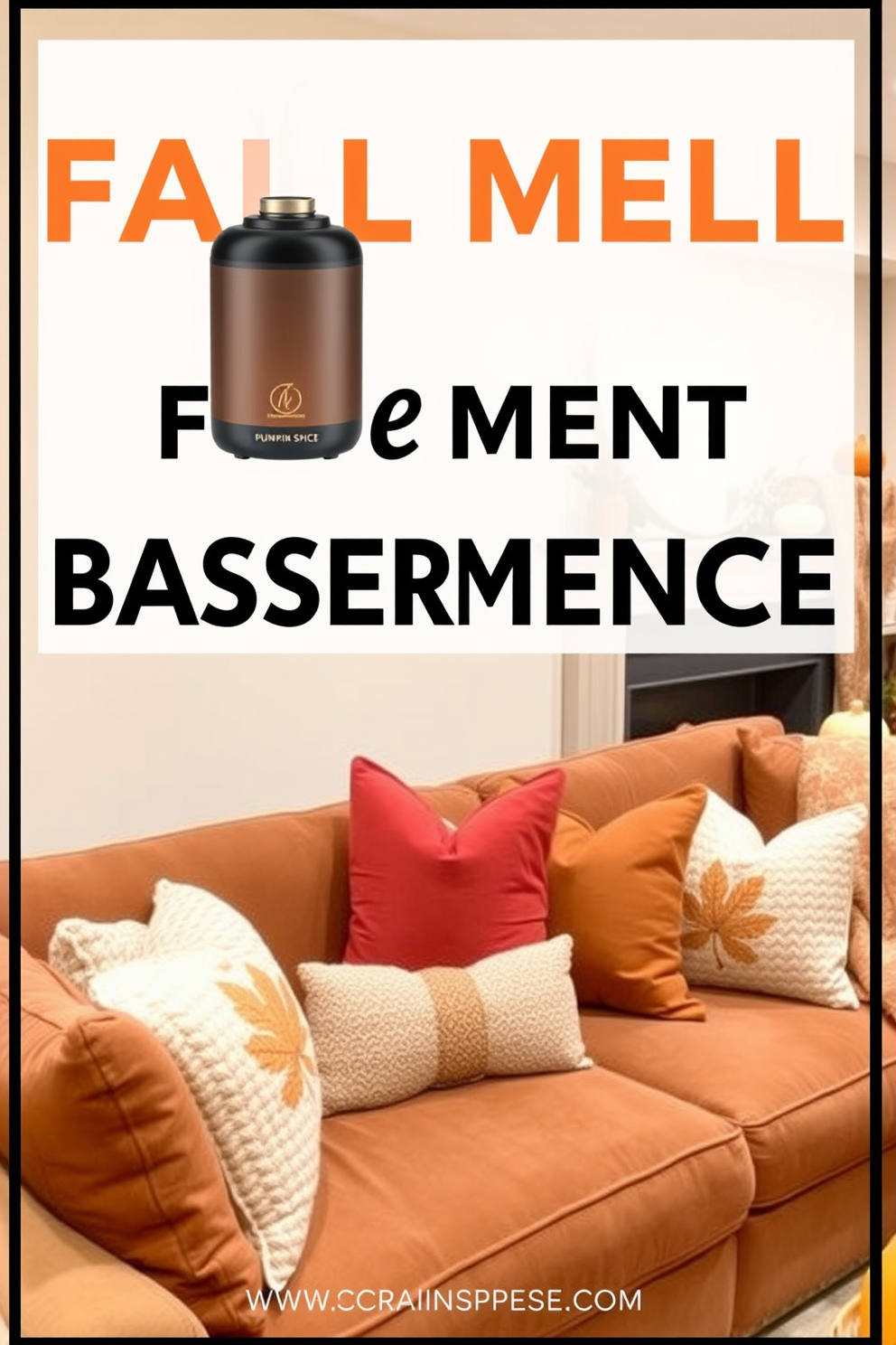 Create a cozy basement space designed for the fall season. Incorporate essential oil diffusers that emit seasonal scents like pumpkin spice and cinnamon to enhance the atmosphere. Use warm-toned furnishings such as a plush sofa adorned with autumn-themed throw pillows. Add decorative elements like pumpkins and cozy blankets to complete the inviting fall ambiance.